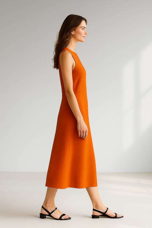 Pomarańczowa sukienka bez rękawów midi o prostym kroju